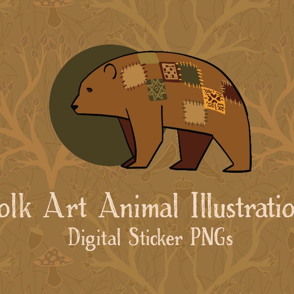 Folk Art Inspired Animal Digital Stickers, 10 Cottagecore Forest Designs for GoodNotes, OneNote, IPad Planner or Bullet Journal