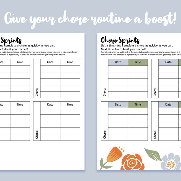 Chore Sprints Printable, Get Organized Quick, Instant PDF, JPG and PNG Download