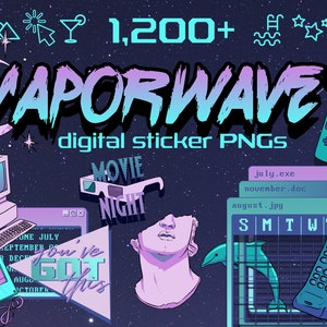 1200+ Vaporwave Digital Stickers PNG for Goodnotes, OneNote, iPad Bullet Journal, 80s Retro Vibe Nostalgia
