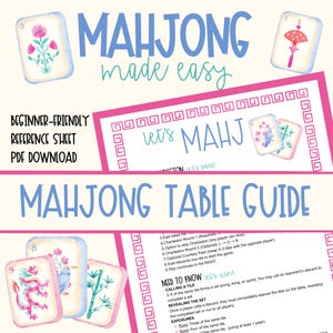 Op de afbeelding: Een beginnersvriendelijke Mahjong-gids met de tekst "Mahjong made easy" en "Mahjong Table Guide". De afbeelding toont geïllustreerde Mahjong-tegels met bloemen- en vogelontwerpen, samen met een roze en witte rand.