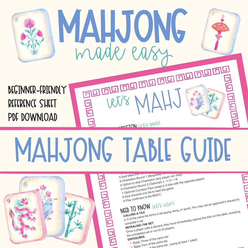 Op de afbeelding: Een beginnersvriendelijke Mahjong-gids met de tekst "Mahjong made easy" en "Mahjong Table Guide". De afbeelding toont ge&iuml;llustreerde Mahjong-tegels met bloemen- en vogelontwerpen, samen met een roze en witte rand.