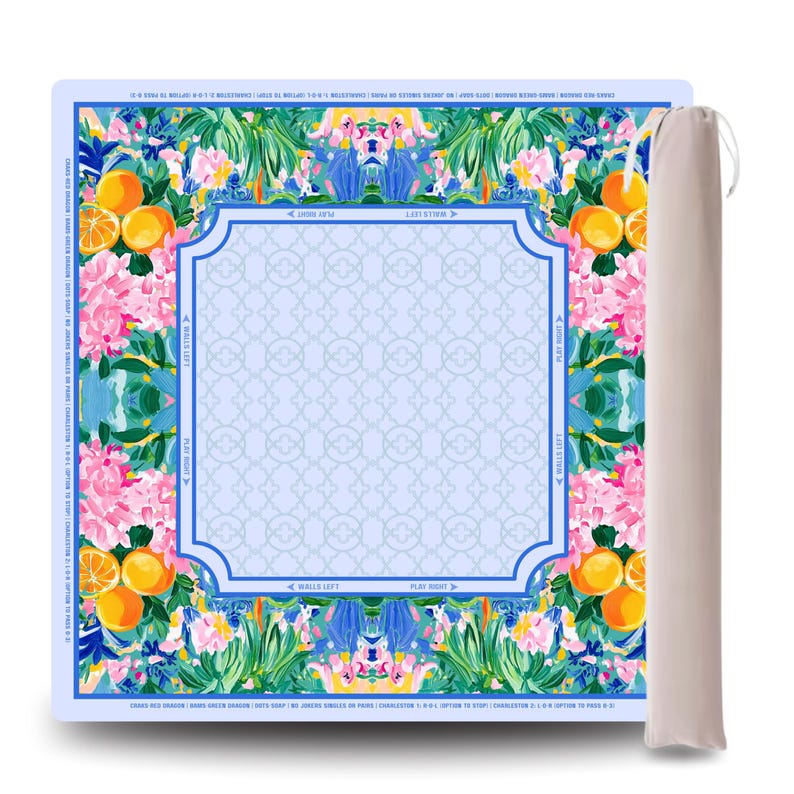 PRE ORDER Mahjong Mat with Canvas Bag – Chinoiserie Citrus Grove | Neoprene Instructional Table Mat | Smooth Top | 3mm Premium Thickness image 1