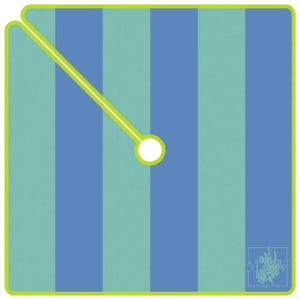 May include: A square mat featuring vertical stripes in alternating shades of light blue and teal, bordered by a bright lime green outline. A diagonal lime green line extends from the top left corner to a central white circle. Logo MV is visible.