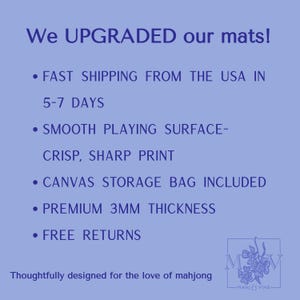 May include: A light blue graphic with white text that reads "We UPGRADED our mats!" and bullet points describing features like a smooth playing surface and canvas storage bag. The text "Thoughtfully designed for the love of mahjong" is also included.