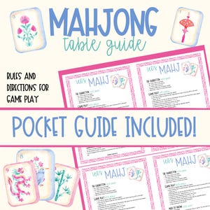 Op de afbeelding: Een Mahjong-tafelgids met de tekst "MAHJONG table guide" in blauw. De gids bevat regels, aanwijzingen en een zakgids. De afbeelding toont Mahjong-tegels met bloemen- en vogelontwerpen en de tekst "Let's MAHJ".