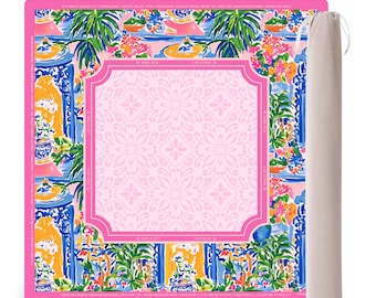 PRE ORDER Mahjong Mat with Canvas Bag – Chinoiserie Porcelain Bloom | Neoprene Instructional Table Mat | Smooth Top | 3mm Premium Thickness