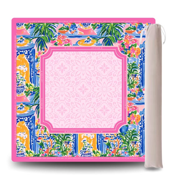 Mahjong Mat with Canvas Bag – Chinoiserie Porcelain Bloom | Neoprene Instructional Table Mat | Smooth Top | 3mm Premium Thickness