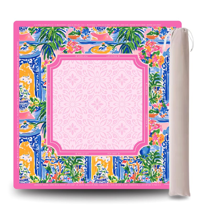 Mahjong Mat with Canvas Bag – Chinoiserie Porcelain Bloom | Neoprene Instructional Table Mat | Smooth Top | 3mm Premium Thickness image 1