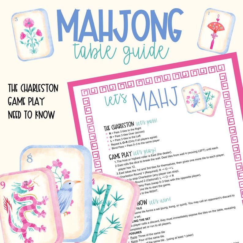 Op de afbeelding: Een Mahjong-tafelgids met de tekst "MAHJONG table guide" in blauw. De gids bevat spelinstructies en illustraties van Mahjong-tegels met bloemen- en vogelontwerpen. De tekst "THE CHARLESTON GAME PLAY NEED TO KNOW" is ook zichtbaar.