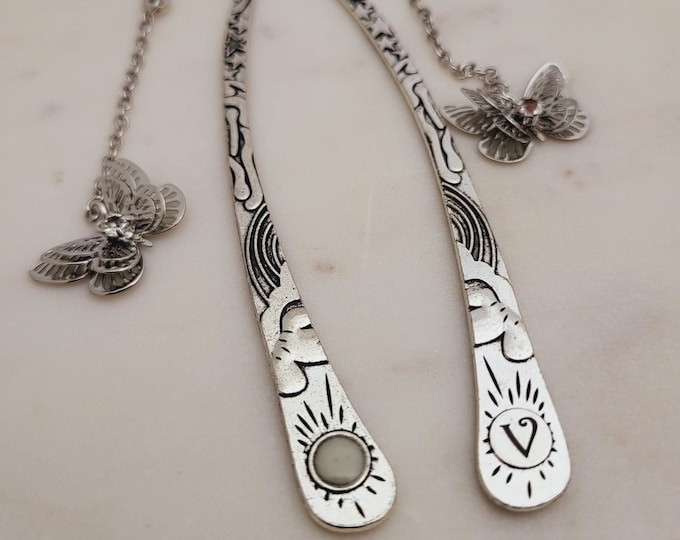 Custom Initials ON Glow In The Dark Butterfly Bookmark Book Marker Bookmarks Gift - Stained Antique Tibetan Silver Finish