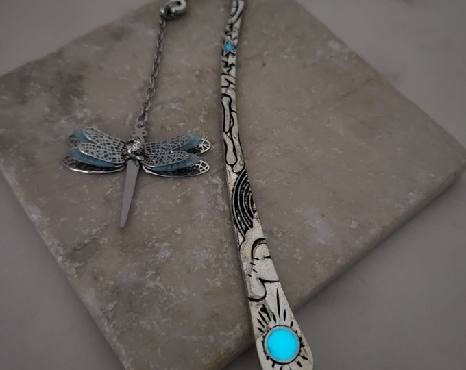 Custom Initial ON Glow In The Dark DragonFly Bookmark Book Marker Bookmarks Gift - Stained Antique Tibetan Silver Finish