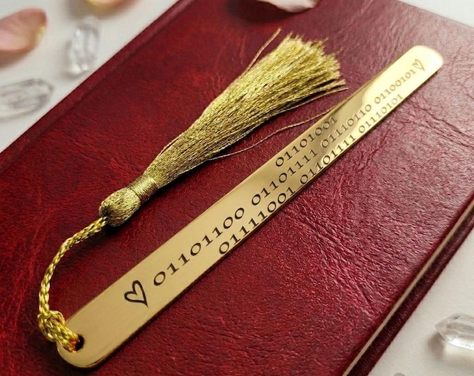 Custom Binary Code Engraved Metal Bookmark with Tassel