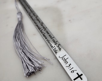 John 3:16 Bibel Vers Lesezeichen, Edelstahl mit Quaste