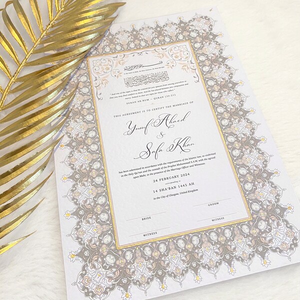 Luxury Gold Nikkah Certificate | Customized Hand Painted Gold A4 Marriage Print | Islamic Contract | Arabic Quotes | Hammered Paper |