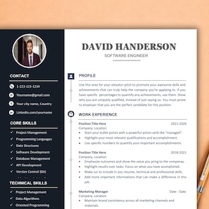 May include: A professional resume template featuring a dark sidebar with contact details, core skills, and technical skills, alongside a white main section for profile and work experience, including a circular headshot of a man in a suit.
