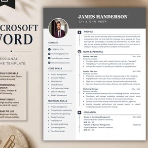 May include: A professional resume template for Microsoft Word featuring a dark gray header with the name James Handerson and the title Civil Engineer. The layout includes a circular profile photo, contact details, core skills, technical skills, and sections for work experience and education.