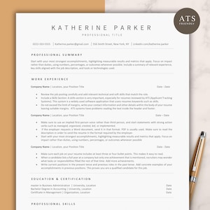 May include: A professional resume template on white paper with black text, featuring sections for professional summary, work experience, education, and skills. The header includes the name Katherine Parker and a circular badge labeled ATS Friendly.