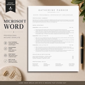 Peut inclure: Un modèle de CV professionnel pour Microsoft Word avec une mise en page blanche épurée et du texte noir. Le document comprend des sections pour le résumé professionnel, l'expérience, la formation et les compétences, avec un stylo noir à droite.