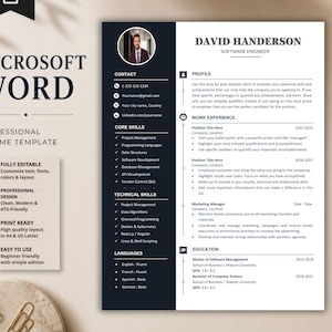 May include: A professional resume template for Microsoft Word featuring a two-column layout with a dark sidebar for contact details, core skills, and technical skills, and a white main section for profile, work experience, and education details.