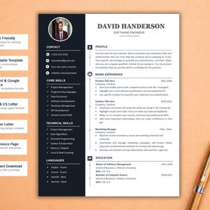 May include: A professional CV template featuring a dark sidebar with a circular headshot, contact details, core skills, and languages. The white main section includes sections for profile, work experience, and education, with a gold pen placed nearby.