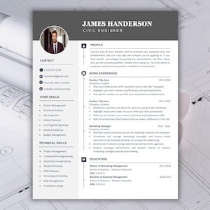 Peut inclure: Un modèle de CV professionnel pour un ingénieur civil nommé James Handerson. Le document présente un en-tête gris foncé, une photo de profil circulaire et des sections pour les coordonnées, les compétences, l'expérience et la formation.