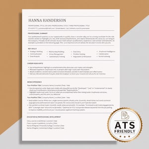 May include: A professional resume template with the name "Hanna Handerson" at the top. The resume includes sections for professional summary, key skills, career highlights, work experience, and education. An "ATS Friendly" seal is in the bottom right corner.