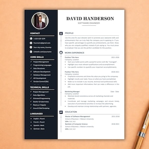 May include: A professional CV template featuring a dark sidebar with a circular headshot of David Handerson, a software engineer. The document includes sections for contact, core skills, technical skills, profile, work experience, and education.