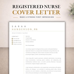 May include: A professional registered nurse cover letter template featuring the name Sarah Handerson, RN, with sections for contact details, hiring manager information, and a formal body text written in black and gold font on a white document page.