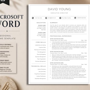 Peut inclure: Un modèle de CV professionnel pour Microsoft Word présentant une mise en page blanche épurée avec du texte noir. Le document comprend des sections pour l'éducation, les compétences clés, les compétences techniques et l'expérience professionnelle.