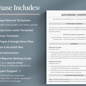 May include: A resume template with the text "Purchase Includes:" and a list of features, including resume templates, cover letter templates, and expert support. The resume on the right has the name "Katherine Cooper" and sections for professional summary and experience.