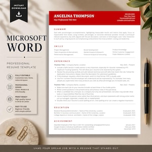 Peut inclure: Modèle de CV professionnel Microsoft Word avec en-tête et pied de page rouges. Le modèle comprend des sections pour les compétences, l'expérience et l'éducation. Design épuré, moderne et compatible ATS, prêt à imprimer en A4 et US Letter.
