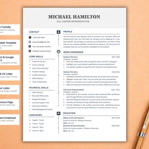 May include: A professional CV template for a call centre representative featuring sections for contact, profile, work experience, skills, and education. The document includes placeholder text and is accompanied by a gold-toned ballpoint pen.
