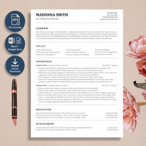 May include: A resume template with the name "MADONNA SMITH" at the top. The resume includes sections for summary, skills, experience, education, and achievements. Icons for ATS-friendly, Word + Google Docs, and instant download are visible.