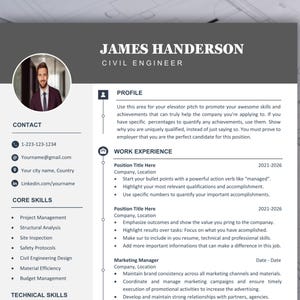 May include: A professional CV template for a civil engineer named James Handerson. The document features a dark grey header with a circular headshot, contact information, core skills, and sections for profile and work experience in black text.