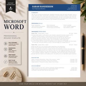 Peut inclure: Un modèle de CV professionnel Microsoft Word avec un en-tête bleu. Le CV comprend des sections pour les compétences professionnelles, l'expérience et l'éducation. Le design est épuré, moderne et compatible ATS, avec une mise en page entièrement modifiable.