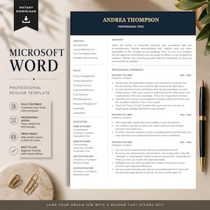 Peut inclure: Modèle de CV professionnel pour Microsoft Word, avec un design bleu marine et blanc. Le modèle comprend des sections pour les coordonnées, les compétences, l'éducation et l'expérience professionnelle. Le texte comprend "Téléchargement instantané".