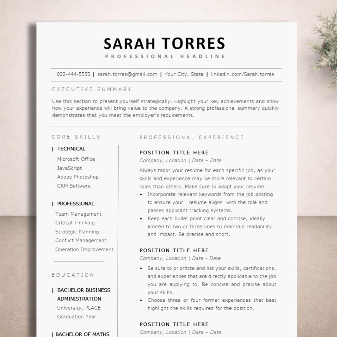 Clean Resume Template Google Docs, Word & Pages, Minimalist Executive ...