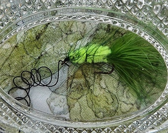 Decoupage Glass Paperweight with Fishing Lure, Decorative Diamond Shaped Edging, Weighs 8.5 Ounces, Heavy to Hold Your Papers In Place