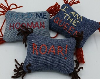 Upcycled Cat Toys, Set of 3, Handmade from Jeans, Hand-Embroidered, 'I Am The Queen'/'Roar!'/'Feed Me Hooman', Pesticide-Free Catnip Inside