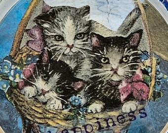 Kittens in Basket Paperweight, 'happiness', Three Little Kitties with Flowers, Handmade from Vintage Ephemera, Paper Collage