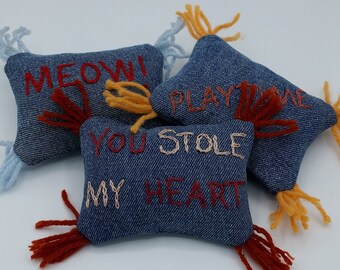 Upcycled Cat Toys, Set of 3 Handmade from Jeans, Hand-Embroidered, You Stole My Heart/Meow!/Playtime, Pesticide-Free Catnip Inside