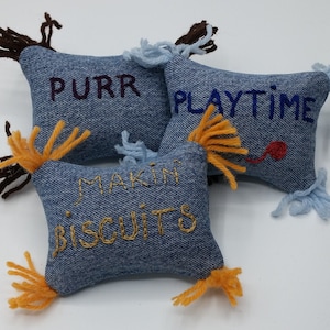 Set of 3 Different Catnip Cat Toys from UpcycledDenim, Hand-Embroidered, Hand Sewn, Denim Cat Toys Makin&#39; Biscuits