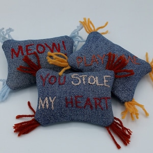 Upcycled Cat Toys, Set of 3 Handmade from Jeans, Hand-Embroidered, You Stole My Heart/Meow!/Playtime, Pesticide-Free Catnip Inside