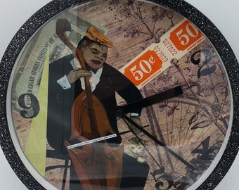Decoupage Bass Player Clock, Handmade, Round 9"X9"X2", Jazz Musician, Cat Peeking Over Knee,Nothing Can Stop These Lonely Tears from Falling