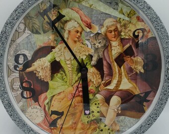 Humorous Decoupage Wall Clock with Victorian Couple, Cat and Cherub, Handmade 9"X9"X2", Battery-Operated, Gray Frame, Butterfly, Unique