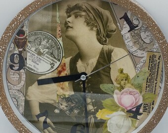 Woman with Ukelele and Cat Decoupage Wall Clock, Handmade, Tan Frame, 9"X9"X2", Flower Fairy, Battery Operated