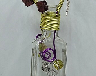 Upcycled Propagation Station Handmade from Antique Bottle, Glass Beads, Peace Frog Charms, Purple & Gold Artists Wire, Just Add H2O