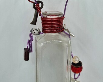 Upcycled Propagation Station Handmade from Antique Bottle, with Antique Key, Glass Beads, Dragonfly, Star, Ladybug, Just Add H2O, Red