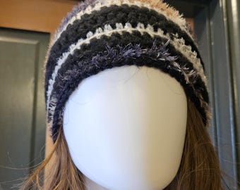 Handmade Beanie, Crochet from Super-Soft Acrylic and Polyamide Yarn, Silver, Black and Beige, Tiny Sequins Look Like Snow, Size M, Elegant