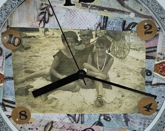 Friends At The Beach Handmade Decoupage Wall Clock, Funny, Look At the Man's Expression, 9"X9"X2" Round, Humour in Art, Gray